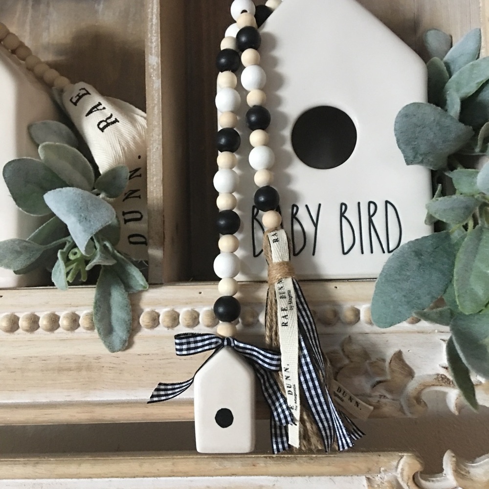 Mini Birdhouse Beaded Garland w/Rae Dunn Ribbon